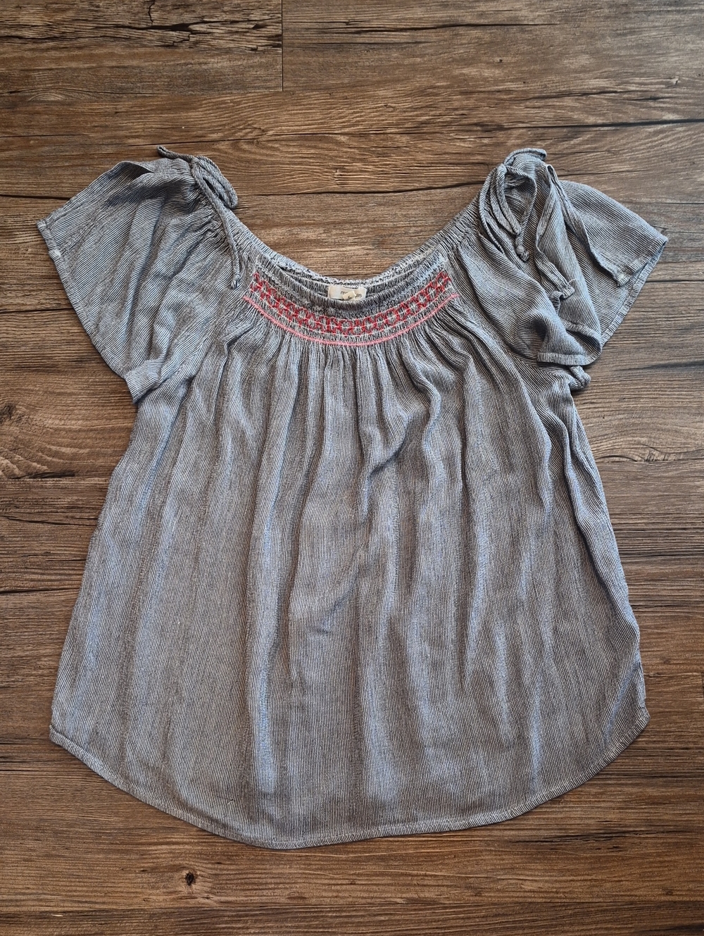 Maurices Gray Blouse with Coral Embroidered Yoke